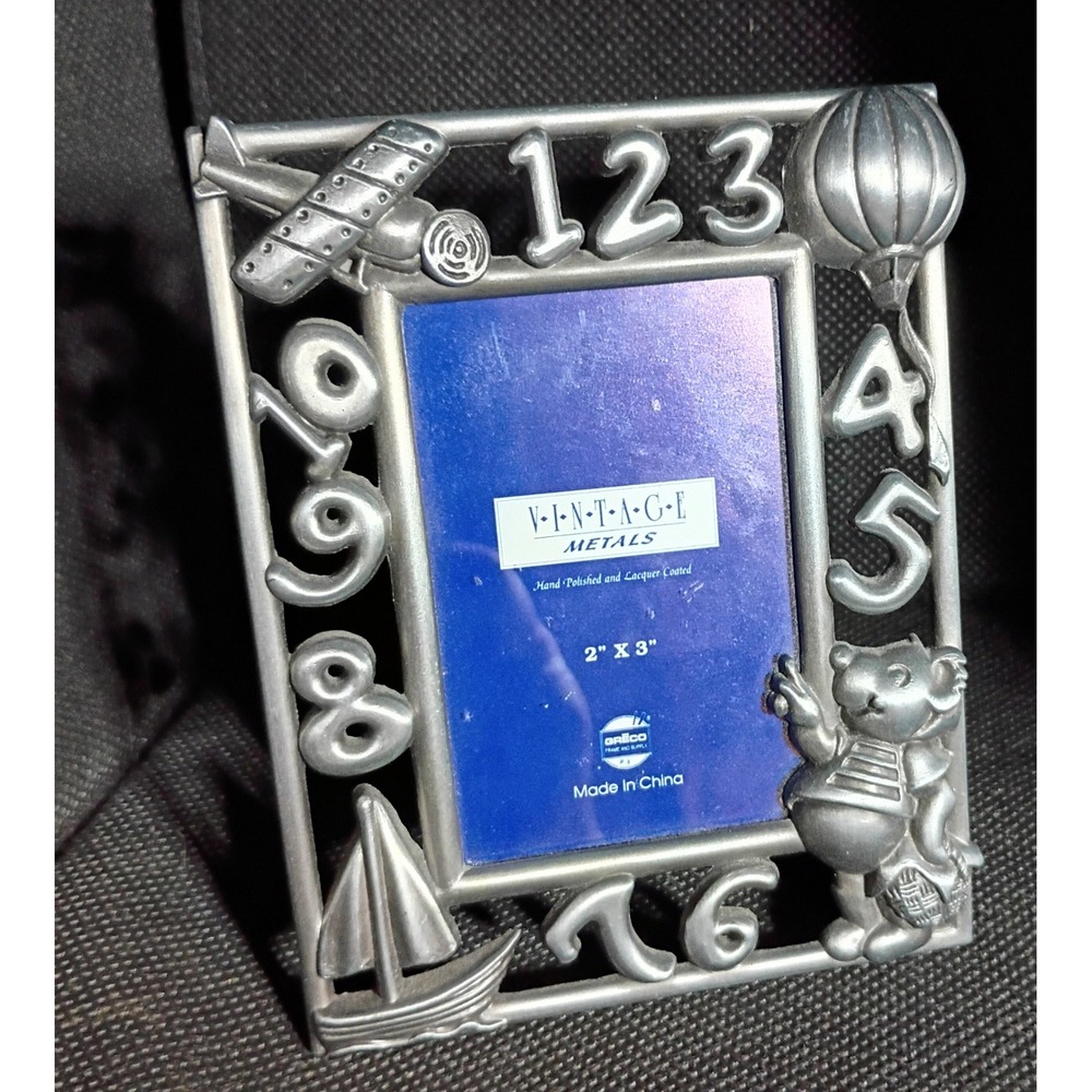 Vintage Metals Pewter Nursery Picture Frame 2x3 Numbers Teddy Bear Plane Greco